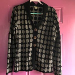 Polka Dot Button Wool Cardigan, Black and Grey. KNITS WITH A TWIST. Size XL.